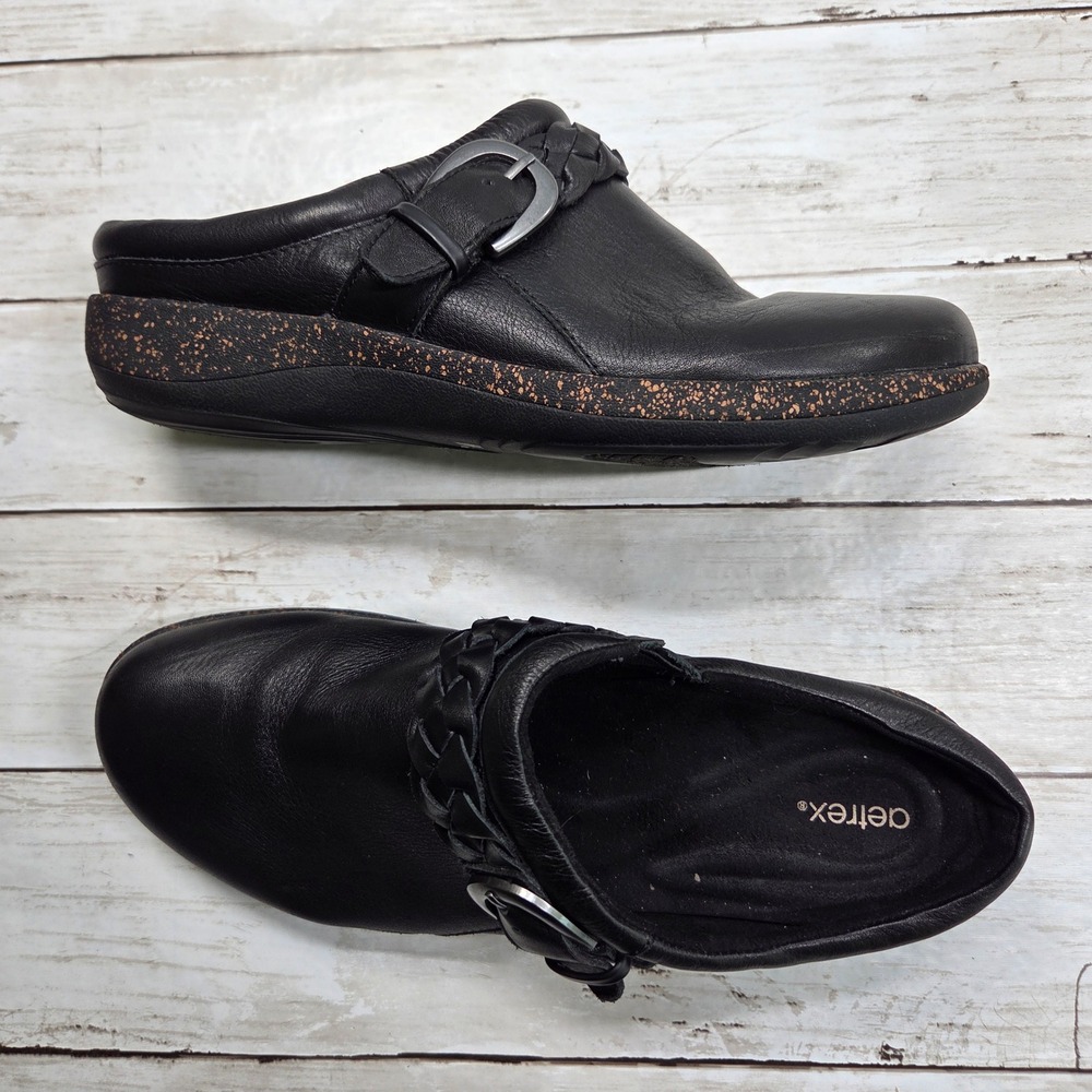 Aetrex Libby Clogs Mules Braided Buckle Leather Women 8.5 Black DM200WW